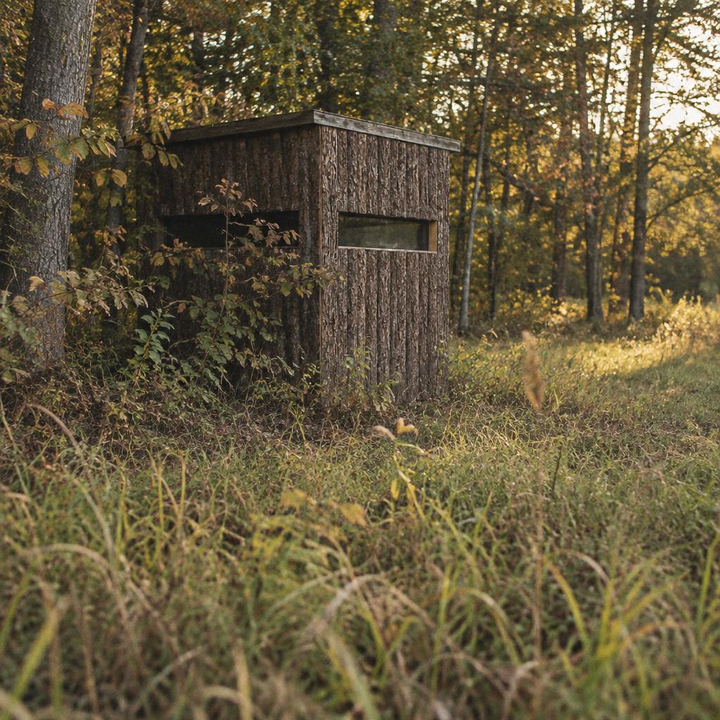 Ground-level bark-textured box hunting blind at a clearing's edge in late afternoon light