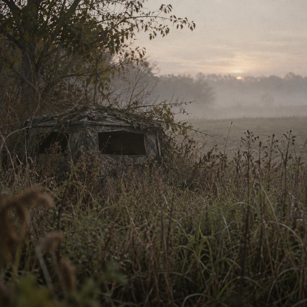 Low-profile camouflaged ground hunting blind half-buried in tall grass in morning mist