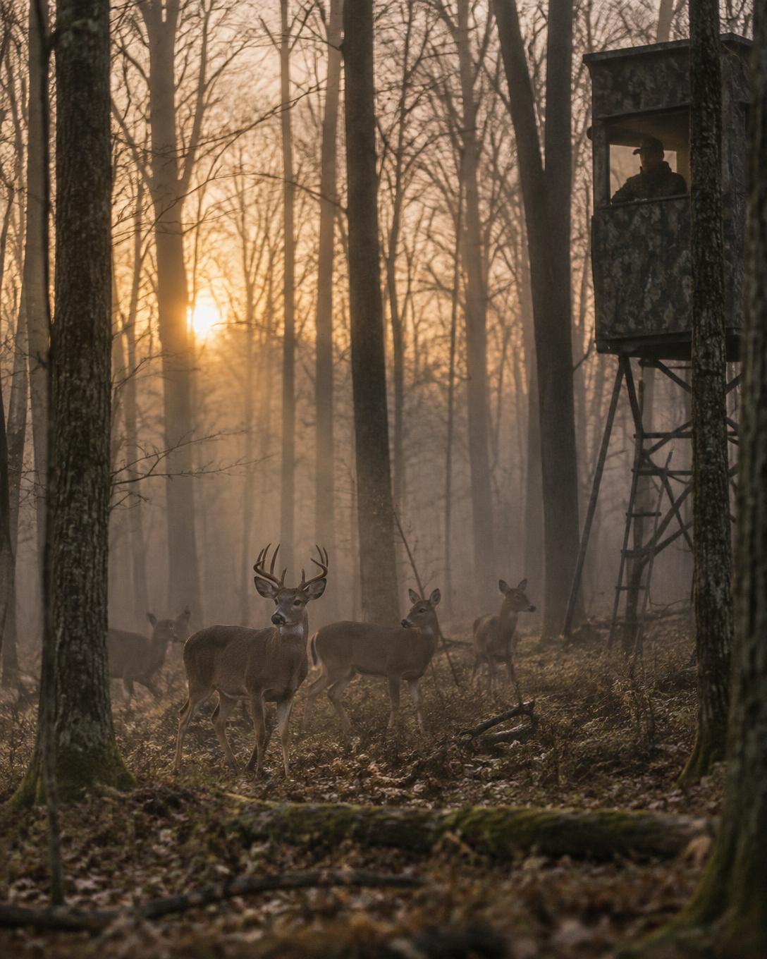 A whitetail buck and does at dawn in misty timber below a hunter in a camouflaged tower blind